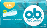 Immagine di una confezione di o.b.® ProComfort™ Normal. Il prodotto è dotato di tre gocce, che indicano che è consigliato per il flusso da medio a intenso.