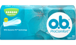 Immagine di una confezione di o.b.® ProComfort™ Super Plus. Il prodotto è dotato di sei gocce, che indicano che è consigliato per un flusso da intenso a molto intenso.