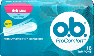 Immagine di una confezione di o.b.® ProComfort™ Mini. Il prodotto presenta due gocce, che indicano che è consigliabile sia per i giorni di flusso leggero che per le ragazze che iniziano ad usare gli assorbenti interni per la prima volta.