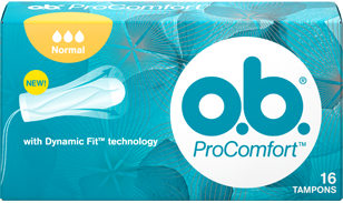 Immagine di una confezione di o.b.® ProComfort™ Normal. Il prodotto è dotato di tre gocce, che indicano che è consigliato per il flusso da medio a intenso.
