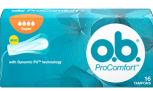 Immagine di una confezione di o.b.® ProComfort™ Super. Il prodotto è dotato di cinque gocce, che indicano che è consigliato per il flusso intenso o molto intenso.